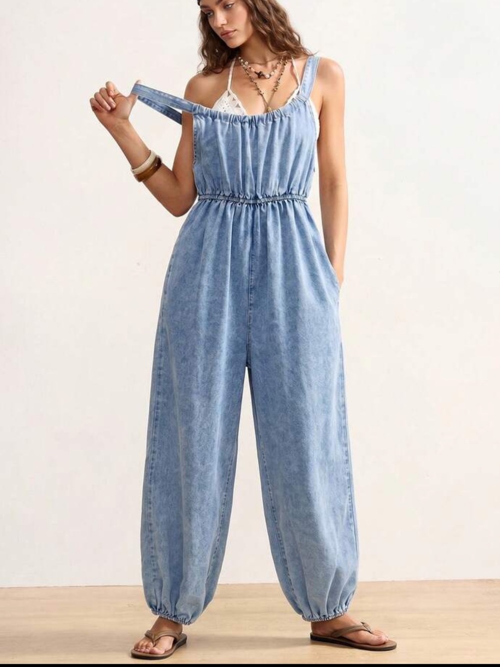 Light Wash Denim Jumpsuit with Gathered Waist